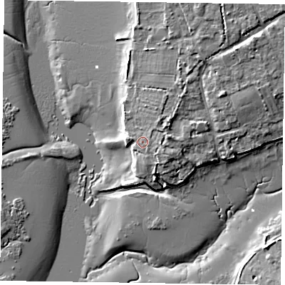 Shaded relief map of the ground around PO188LZ, computed from Environment Agency LiDAR. The ground here sits at about 4 m above sea level and falls 8 m across the surrounding 800 m. Surface water reaching this point runs off ground lying to the east-north-east, 1.4 m higher.