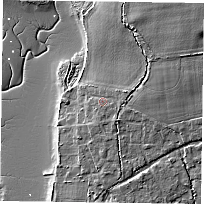 Shaded relief map of the ground around PO188NA, computed from Environment Agency LiDAR. The ground here sits at about 5 m above sea level and falls 9 m across the surrounding 800 m. Surface water reaching this point runs off ground lying to the north-east, 3.7 m higher.