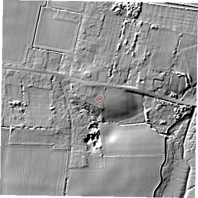 Shaded relief map of the ground around PO188PL, computed from Environment Agency LiDAR. The ground here sits at about 8 m above sea level and falls 12 m across the surrounding 800 m. Surface water reaching this point runs off ground lying to the north-north-west, 1.8 m higher.