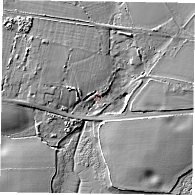 Shaded relief map of the ground around PO188PS, computed from Environment Agency LiDAR. The ground here sits at about 4 m above sea level and falls 11 m across the surrounding 800 m. Surface water reaching this point runs off ground lying to the north-west, 8.3 m higher.