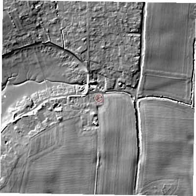 Shaded relief map of the ground around PO188QJ, computed from Environment Agency LiDAR. The ground here sits at about 3 m above sea level and falls 7 m across the surrounding 800 m. Surface water reaching this point runs off ground lying to the south, 5.5 m higher.