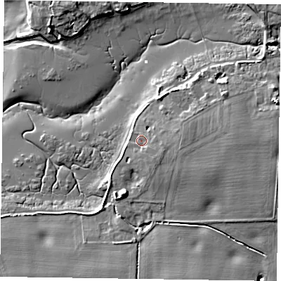 Shaded relief map of the ground around PO188QL, computed from Environment Agency LiDAR. The ground here sits at about 4 m above sea level and falls 8 m across the surrounding 800 m. Surface water reaching this point runs off ground lying to the south-east, 1.5 m higher.