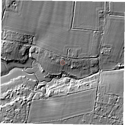 Shaded relief map of the ground around PO188QP, computed from Environment Agency LiDAR. The ground here sits at about 5 m above sea level and falls 8 m across the surrounding 800 m. Surface water reaching this point runs off ground lying to the north-north-east, 3.3 m higher.