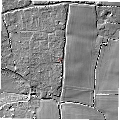 Shaded relief map of the ground around PO188QQ, computed from Environment Agency LiDAR. The ground here sits at about 6 m above sea level and falls 7 m across the surrounding 800 m. Surface water reaching this point runs off ground lying to the north, 2.7 m higher.