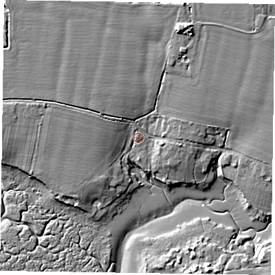 Shaded relief map of the ground around PO188QW, computed from Environment Agency LiDAR. The ground here sits at about 4 m above sea level and falls 11 m across the surrounding 800 m. Surface water reaching this point runs off ground lying to the north-north-east, 7.3 m higher.
