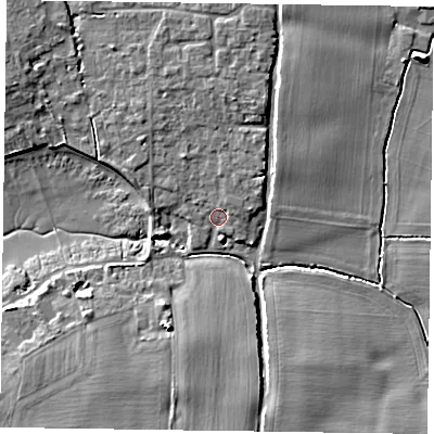 Shaded relief map of the ground around PO188RB, computed from Environment Agency LiDAR. The ground here sits at about 3 m above sea level and falls 8 m across the surrounding 800 m. Surface water reaching this point runs off ground lying to the north, 3.7 m higher.