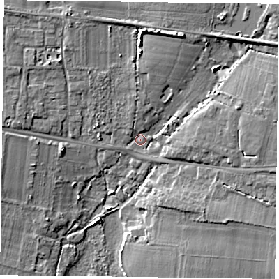 Shaded relief map of the ground around PO188RL, computed from Environment Agency LiDAR. The ground here sits at about 4 m above sea level and falls 9 m across the surrounding 800 m. Surface water reaching this point runs off ground lying to the north, 6.1 m higher.