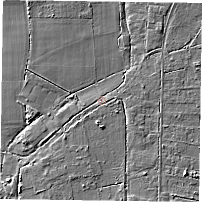 Shaded relief map of the ground around PO188RQ, computed from Environment Agency LiDAR. The ground here sits at about 9 m above sea level and falls 5 m across the surrounding 800 m. Surface water reaching this point runs off ground lying to the east, 1.5 m higher.