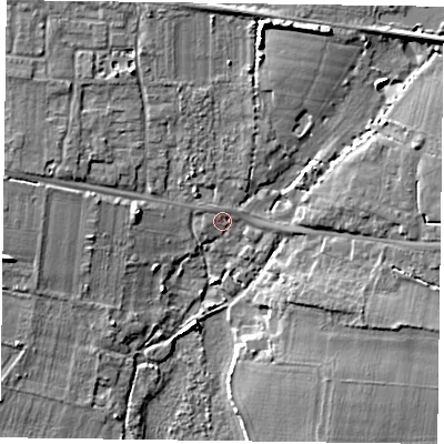 Shaded relief map of the ground around PO188RY, computed from Environment Agency LiDAR. The ground here sits at about 4 m above sea level and falls 9 m across the surrounding 800 m. Surface water reaching this point runs off ground lying to the north, 1.2 m higher.