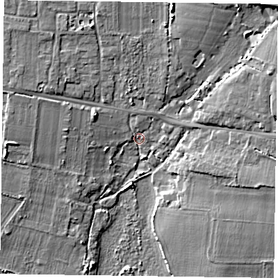Shaded relief map of the ground around PO188RZ, computed from Environment Agency LiDAR. The ground here sits at about 3 m above sea level and falls 9 m across the surrounding 800 m. Surface water reaching this point runs off ground lying to the north-north-east, 2.3 m higher.