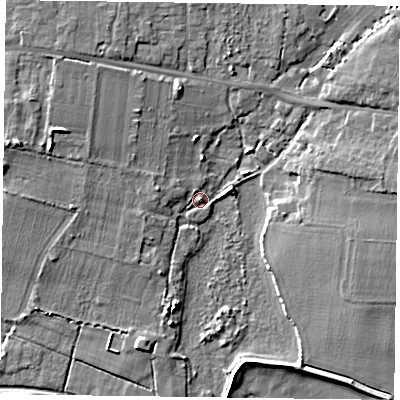 Shaded relief map of the ground around PO188SA, computed from Environment Agency LiDAR. The ground here sits at about 4 m above sea level and falls 9 m across the surrounding 800 m. Surface water reaching this point runs off ground lying to the west-north-west, 3.2 m higher.