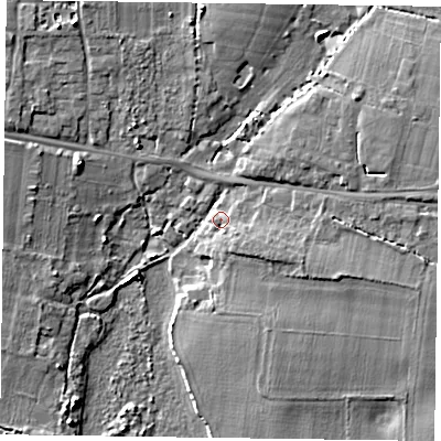 Shaded relief map of the ground around PO188SB, computed from Environment Agency LiDAR. The ground here sits at about 5 m above sea level and falls 8 m across the surrounding 800 m. Surface water reaching this point runs off ground lying to the east, 5.1 m higher.