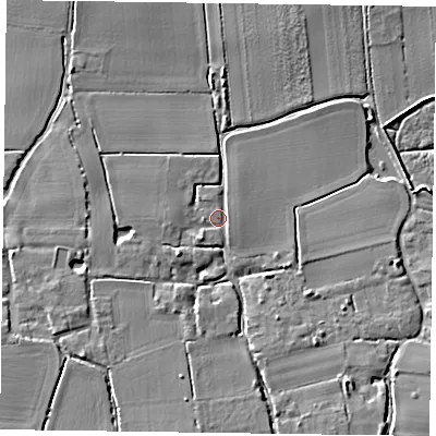 Shaded relief map of the ground around PO188TB, computed from Environment Agency LiDAR. The ground here sits at about 4 m above sea level and falls 6 m across the surrounding 800 m. Surface water reaching this point runs off ground lying to the south-west, 2.4 m higher.