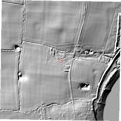 Shaded relief map of the ground around PO188TE, computed from Environment Agency LiDAR. The ground here sits at about 4 m above sea level and falls 9 m across the surrounding 800 m. Surface water reaching this point runs off ground lying to the south-south-west, 2.5 m higher.