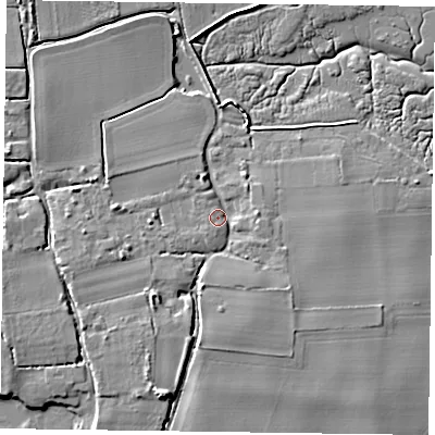 Shaded relief map of the ground around PO188TF, computed from Environment Agency LiDAR. The ground here sits at about 4 m above sea level and falls 9 m across the surrounding 800 m. Surface water reaching this point runs off ground lying to the south-west, 3.4 m higher.