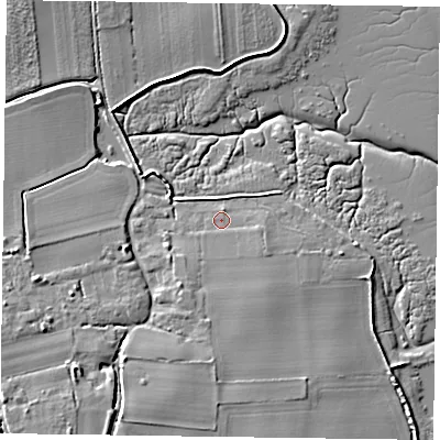 Shaded relief map of the ground around PO188TG, computed from Environment Agency LiDAR. The ground here sits at about 3 m above sea level and falls 7 m across the surrounding 800 m. Surface water reaching this point runs off ground lying to the south, 2.4 m higher.