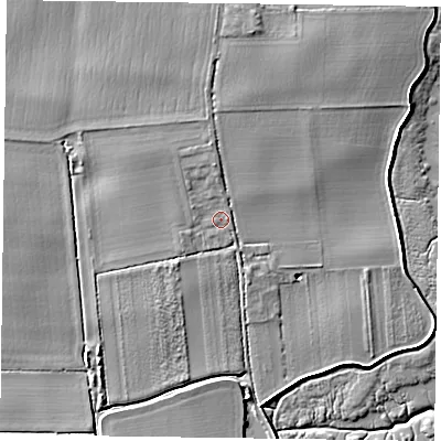 Shaded relief map of the ground around PO188TQ, computed from Environment Agency LiDAR. The ground here sits at about 5 m above sea level and falls 8 m across the surrounding 800 m. Surface water reaching this point runs off ground lying to the north-north-west, 3.3 m higher.