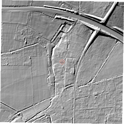 Shaded relief map of the ground around PO188UJ, computed from Environment Agency LiDAR. The ground here sits at about 10 m above sea level and falls 24 m across the surrounding 800 m. Surface water reaching this point runs off ground lying to the north-north-east, 7.4 m higher.