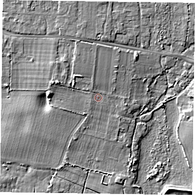 Shaded relief map of the ground around PO188XA, computed from Environment Agency LiDAR. The ground here sits at about 5 m above sea level and falls 8 m across the surrounding 800 m. Surface water reaching this point runs off ground lying to the north-west, 1.0 m higher.