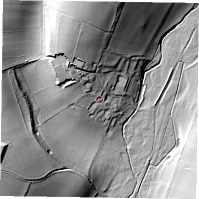 Shaded relief map of the ground around PO189DX, computed from Environment Agency LiDAR. The ground here sits at about 40 m above sea level and falls 42 m across the surrounding 800 m. Surface water reaching this point runs off ground lying to the north-west, 11.9 m higher.