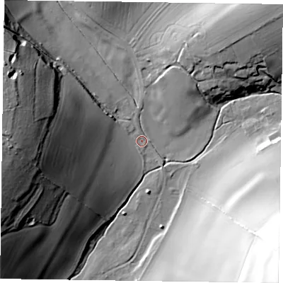 Shaded relief map of the ground around PO189EA, computed from Environment Agency LiDAR. The ground here sits at about 34 m above sea level and falls 52 m across the surrounding 800 m. Surface water reaching this point runs off ground lying to the west-north-west, 41.7 m higher.
