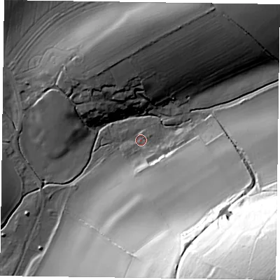 Shaded relief map of the ground around PO189ED, computed from Environment Agency LiDAR. The ground here sits at about 34 m above sea level and falls 84 m across the surrounding 800 m. Surface water reaching this point runs off ground lying to the south-east, 79.0 m higher.