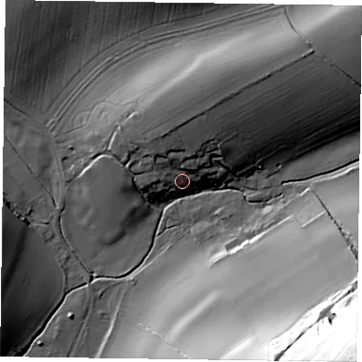 Shaded relief map of the ground around PO189EF, computed from Environment Agency LiDAR. The ground here sits at about 40 m above sea level and falls 68 m across the surrounding 800 m. Surface water reaching this point runs off ground lying to the north-north-east, 13.4 m higher.