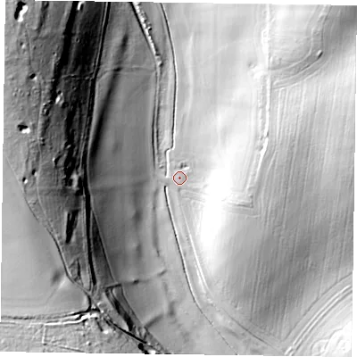 Shaded relief map of the ground around PO189EG, computed from Environment Agency LiDAR. The ground here sits at about 39 m above sea level and falls 55 m across the surrounding 800 m. Surface water reaching this point runs off ground lying to the north-west, 51.7 m higher.