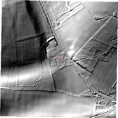 Shaded relief map of the ground around PO189HP, computed from Environment Agency LiDAR. The ground here sits at about 49 m above sea level and falls 54 m across the surrounding 800 m. Surface water reaching this point runs off ground lying to the west-north-west, 31.4 m higher.