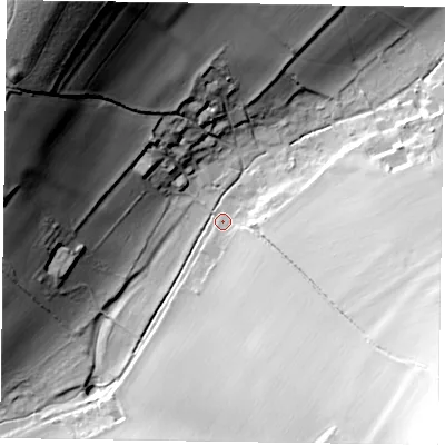 Shaded relief map of the ground around PO189JL, computed from Environment Agency LiDAR. The ground here sits at about 44 m above sea level and falls 60 m across the surrounding 800 m. Surface water reaching this point runs off ground lying to the north-west, 55.3 m higher.