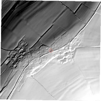 Shaded relief map of the ground around PO189JQ, computed from Environment Agency LiDAR. The ground here sits at about 45 m above sea level and falls 65 m across the surrounding 800 m. Surface water reaching this point runs off ground lying to the north-west, 58.5 m higher.