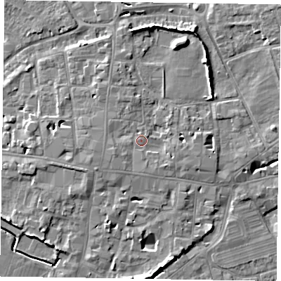 Shaded relief map of the ground around PO191AF, computed from Environment Agency LiDAR. The ground here sits at about 15 m above sea level and falls 9 m across the surrounding 800 m. Surface water reaching this point runs off ground lying to the west-south-west, 1.6 m higher.