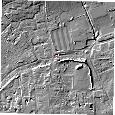 Shaded relief map of the ground around PO191AR, computed from Environment Agency LiDAR. The ground here sits at about 14 m above sea level and falls 9 m across the surrounding 800 m. Surface water reaching this point runs off ground lying to the north-east, 6.1 m higher.