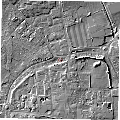 Shaded relief map of the ground around PO191AU, computed from Environment Agency LiDAR. The ground here sits at about 13 m above sea level and falls 9 m across the surrounding 800 m. Surface water reaching this point runs off ground lying to the south-west, 2.6 m higher.