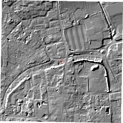 Shaded relief map of the ground around PO191BA, computed from Environment Agency LiDAR. The ground here sits at about 13 m above sea level and falls 9 m across the surrounding 800 m. Surface water reaching this point runs off ground lying to the east, 6.0 m higher.