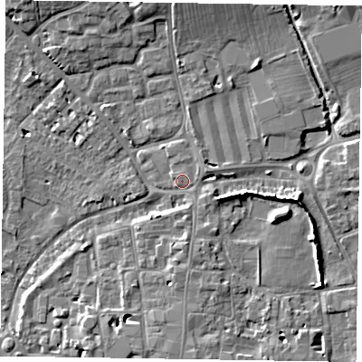 Shaded relief map of the ground around PO191BE, computed from Environment Agency LiDAR. The ground here sits at about 14 m above sea level and falls 9 m across the surrounding 800 m. Surface water reaching this point runs off ground lying to the north-east, 6.5 m higher.