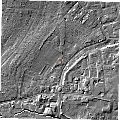 Shaded relief map of the ground around PO191BG, computed from Environment Agency LiDAR. The ground here sits at about 11 m above sea level and falls 8 m across the surrounding 800 m. Surface water reaching this point runs off ground lying to the north, 1.8 m higher.