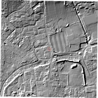 Shaded relief map of the ground around PO191BJ, computed from Environment Agency LiDAR. The ground here sits at about 14 m above sea level and falls 11 m across the surrounding 800 m. Surface water reaching this point runs off ground lying to the south-east, 1.1 m higher.