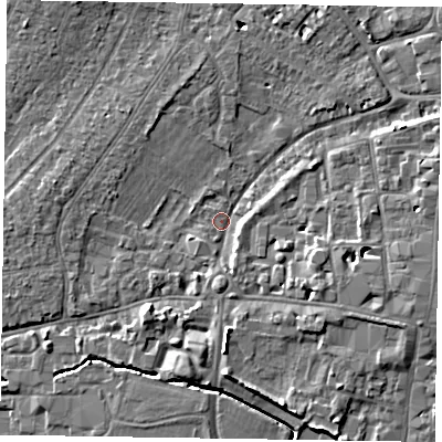 Shaded relief map of the ground around PO191DD, computed from Environment Agency LiDAR. The ground here sits at about 11 m above sea level and falls 8 m across the surrounding 800 m. Surface water reaching this point runs off ground lying to the east-south-east, 5.4 m higher.