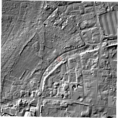 Shaded relief map of the ground around PO191DE, computed from Environment Agency LiDAR. The ground here sits at about 12 m above sea level and falls 9 m across the surrounding 800 m. Surface water reaching this point runs off ground lying to the south-east, 4.0 m higher.