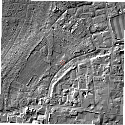 Shaded relief map of the ground around PO191DQ, computed from Environment Agency LiDAR. The ground here sits at about 12 m above sea level and falls 8 m across the surrounding 800 m. Surface water reaching this point runs off ground lying to the south-east, 4.1 m higher.
