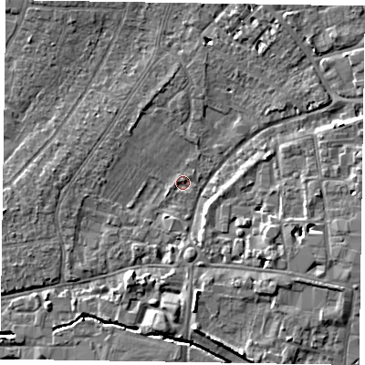 Shaded relief map of the ground around PO191DW, computed from Environment Agency LiDAR. The ground here sits at about 11 m above sea level and falls 8 m across the surrounding 800 m. Surface water reaching this point runs off ground lying to the north-east, 1.0 m higher.