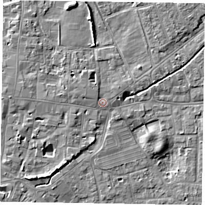 Shaded relief map of the ground around PO191EX, computed from Environment Agency LiDAR. The ground here sits at about 14 m above sea level and falls 8 m across the surrounding 800 m. Surface water reaching this point runs off ground lying to the north-west, 1.4 m higher.