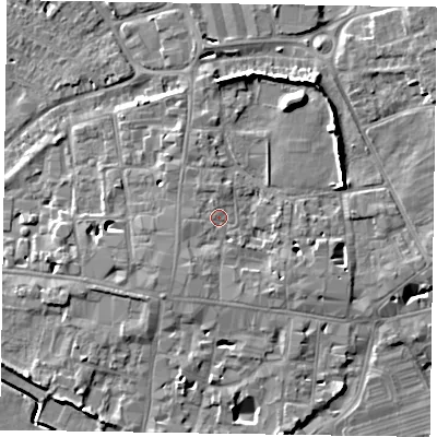 Shaded relief map of the ground around PO191HB, computed from Environment Agency LiDAR. The ground here sits at about 14 m above sea level and falls 10 m across the surrounding 800 m. Surface water reaching this point runs off ground lying to the south-south-west, 2.2 m higher.
