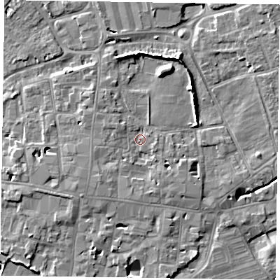 Shaded relief map of the ground around PO191HW, computed from Environment Agency LiDAR. The ground here sits at about 14 m above sea level and falls 9 m across the surrounding 800 m. Surface water reaching this point runs off ground lying to the south-west, 2.7 m higher.