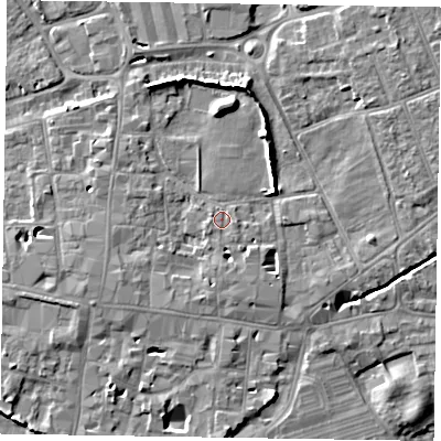Shaded relief map of the ground around PO191JB, computed from Environment Agency LiDAR. The ground here sits at about 14 m above sea level and falls 9 m across the surrounding 800 m. Surface water reaching this point runs off ground lying to the east-north-east, 3.9 m higher.