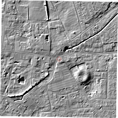 Shaded relief map of the ground around PO191JH, computed from Environment Agency LiDAR. The ground here sits at about 14 m above sea level and falls 7 m across the surrounding 800 m. Surface water reaching this point runs off ground lying to the west-north-west, 2.5 m higher.