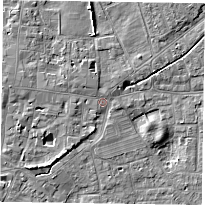 Shaded relief map of the ground around PO191JL, computed from Environment Agency LiDAR. The ground here sits at about 13 m above sea level and falls 7 m across the surrounding 800 m. Surface water reaching this point runs off ground lying to the west-north-west, 2.5 m higher.