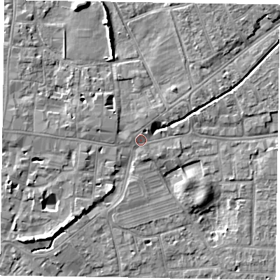 Shaded relief map of the ground around PO191JN, computed from Environment Agency LiDAR. The ground here sits at about 14 m above sea level and falls 8 m across the surrounding 800 m. Surface water reaching this point runs off ground lying to the north-east, 1.7 m higher.