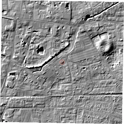 Shaded relief map of the ground around PO191JR, computed from Environment Agency LiDAR. The ground here sits at about 13 m above sea level and falls 10 m across the surrounding 800 m. Surface water reaching this point runs off ground lying to the north-north-east, 0.9 m higher.